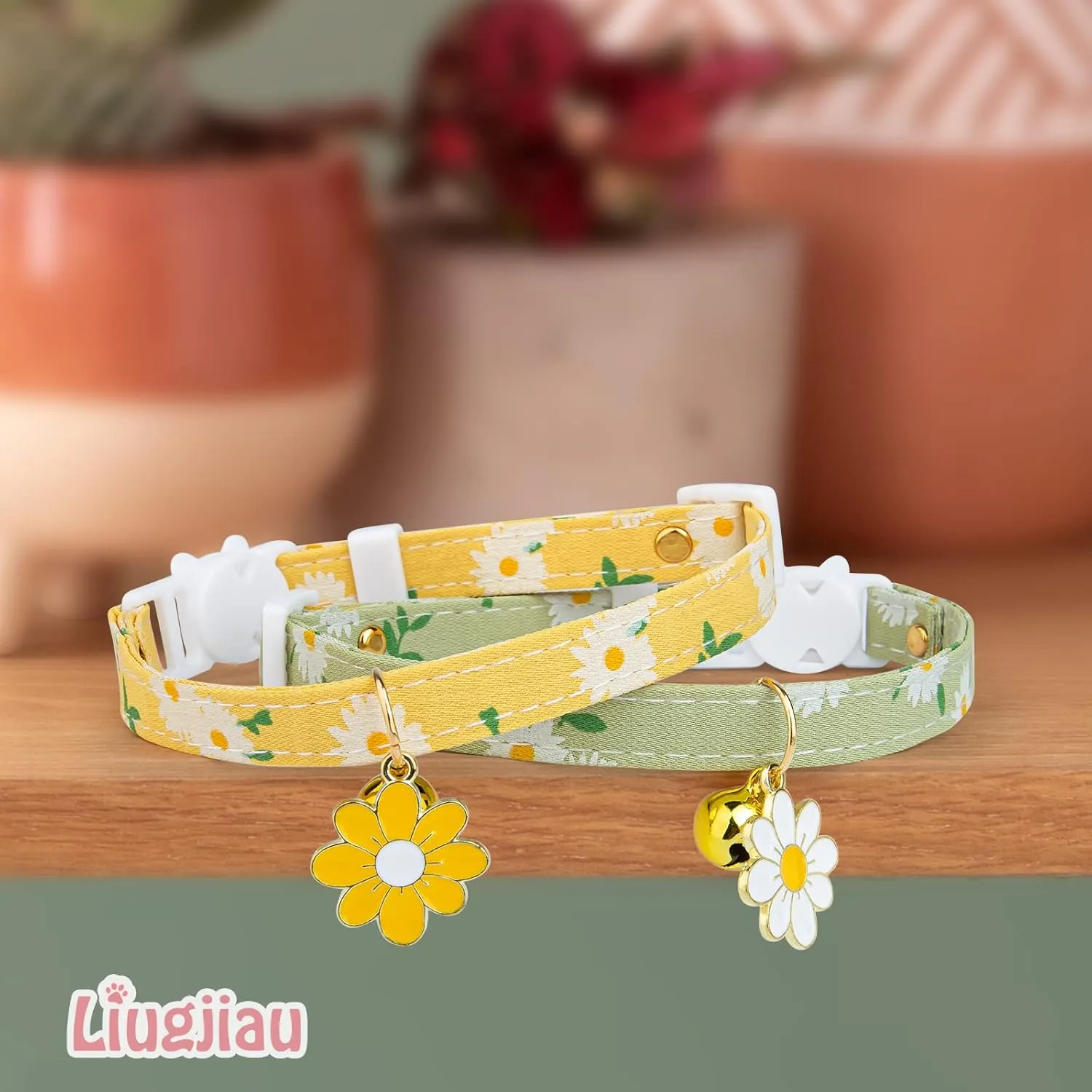2 Pack Cotton Breakaway Cat Collar with Bell Yellow&Green Flowers Pendant Cute Kitten Cat Collar Suitable for Girls and Boys