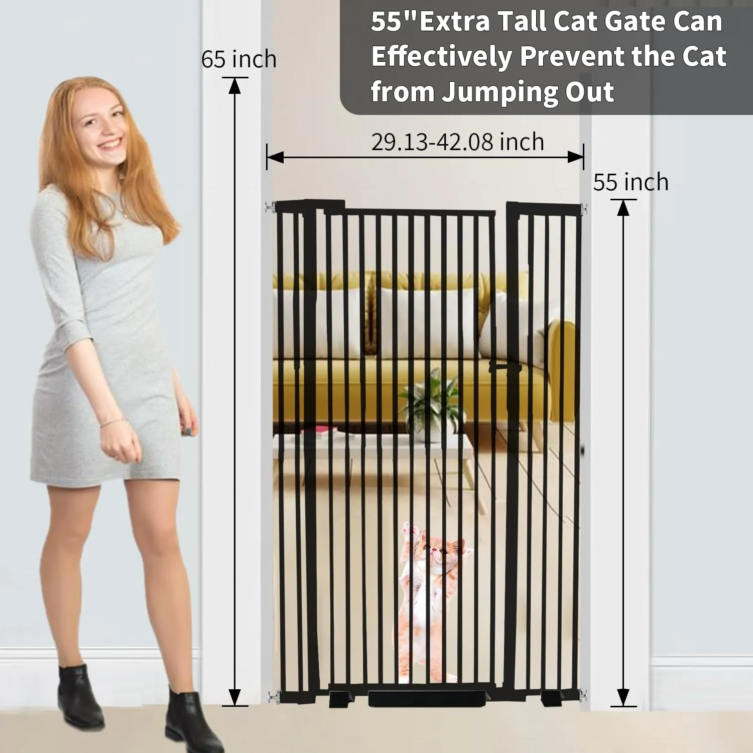 55.1 inch Extra Tall Pet Gate Baby Gate, Extra Wide Adjustable 29.92"-43", Pressure Mounted Walk Through Swing Safety Dog Gate for Stairs, Doorways, Kitchen, Black