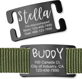 Anavia Slide On Silent Pet ID Tags, S/M/L/XL Personalized Gold Black Stainless Steel Customized Engraved Cat Dog Name Tags, Glossy Finish Chew-Proof Quiet Dog Collar Tag (Large, Black)