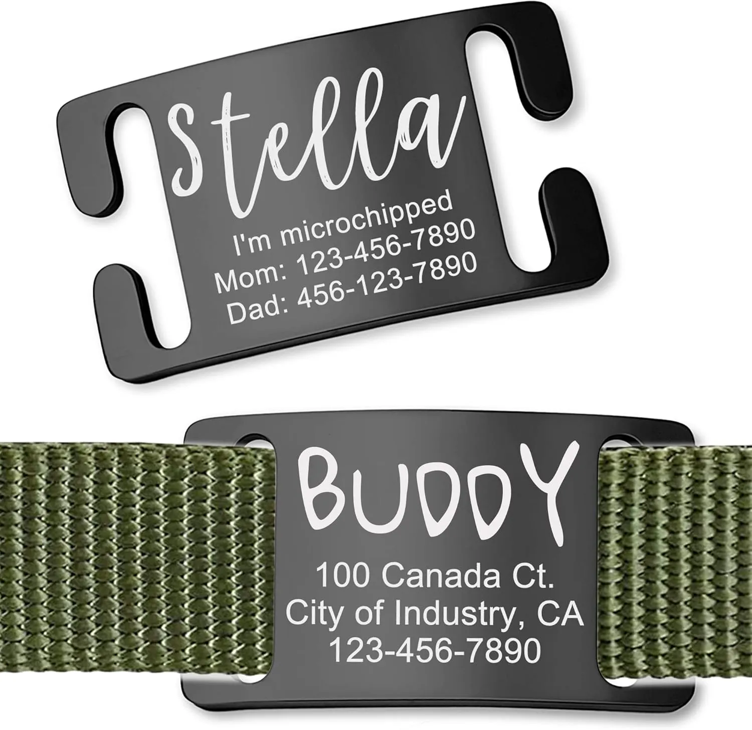 Anavia Slide On Silent Pet ID Tags, S/M/L/XL Personalized Gold Black Stainless Steel Customized Engraved Cat Dog Name Tags, Glossy Finish Chew-Proof Quiet Dog Collar Tag (Large, Black)