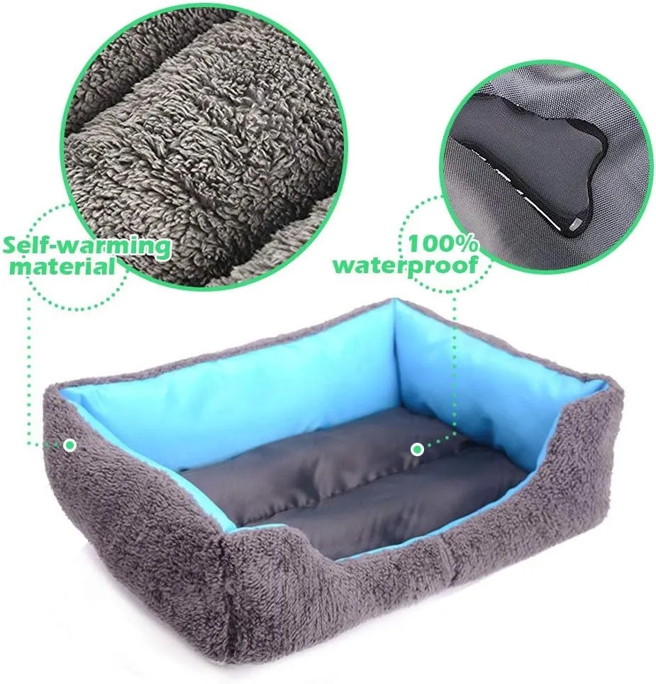 Barelove Rectangular Dog Cat Beds Mattress Washable Pads Room, Soft Winter Warm Plush Faux Fur Sleeping Pet Fleece Bed Mat for Small Doggy Kitten, Anti-Slip Waterproof Bottom, Blue
