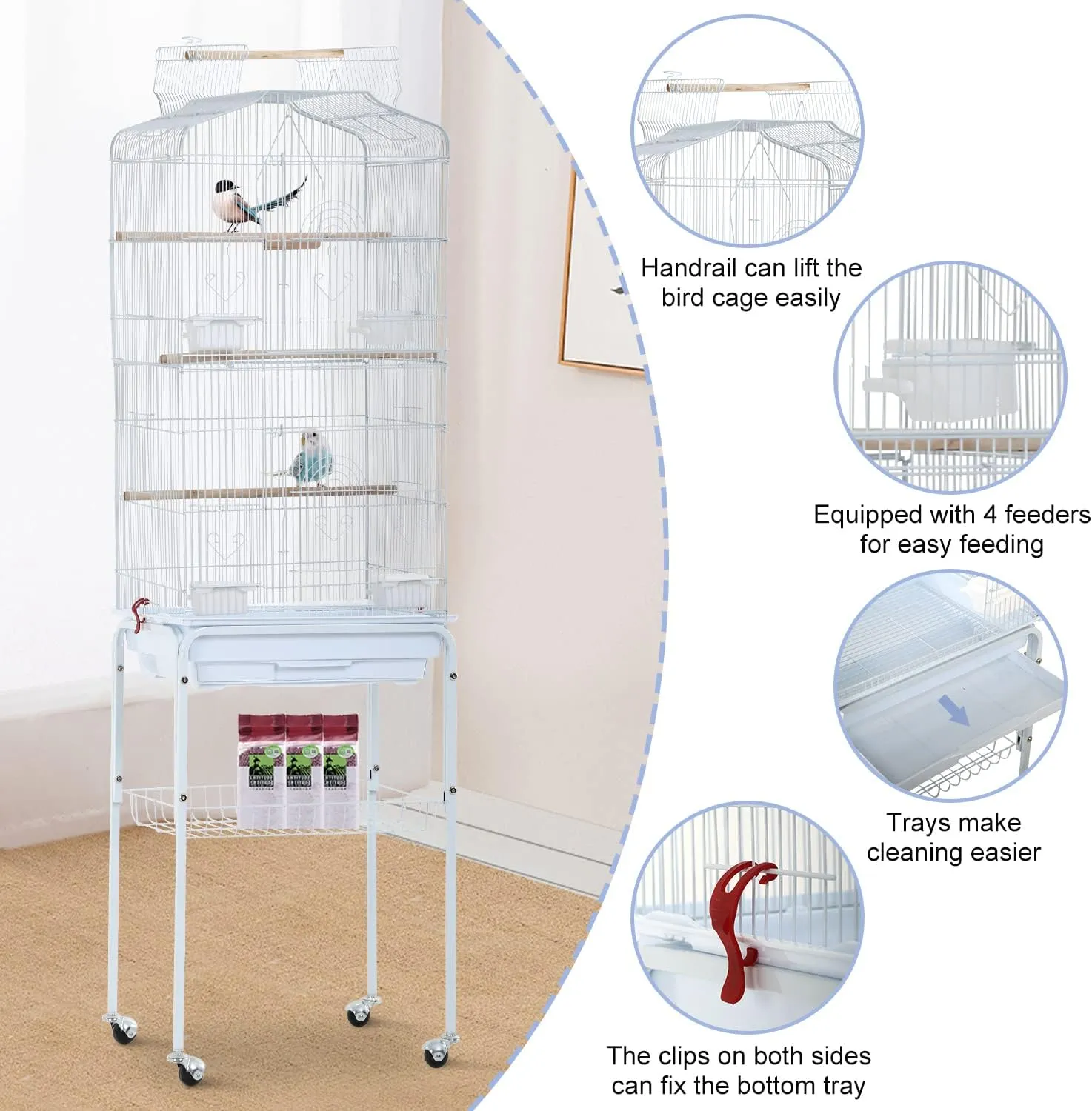Bird Cage Parakeet Cage 64" H Open Top Standing Birdcage Wrought Iron Large Flight Parrot Cage Bird Cage Accessories Flight Pet House with Rolling Stand & Storage Shelf for Canary Lovebirds, White