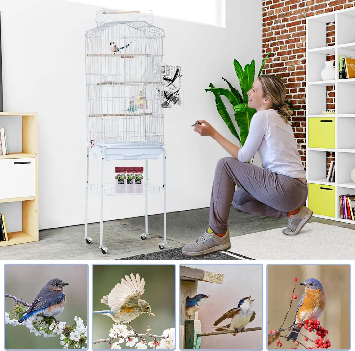 Bird Cage Parakeet Cage 64" H Open Top Standing Birdcage Wrought Iron Large Flight Parrot Cage Bird Cage Accessories Flight Pet House with Rolling Stand & Storage Shelf for Canary Lovebirds, White