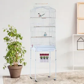 Bird Cage Parakeet Cage 64" H Open Top Standing Birdcage Wrought Iron Large Flight Parrot Cage Bird Cage Accessories Flight Pet House with Rolling Stand & Storage Shelf for Canary Lovebirds, White