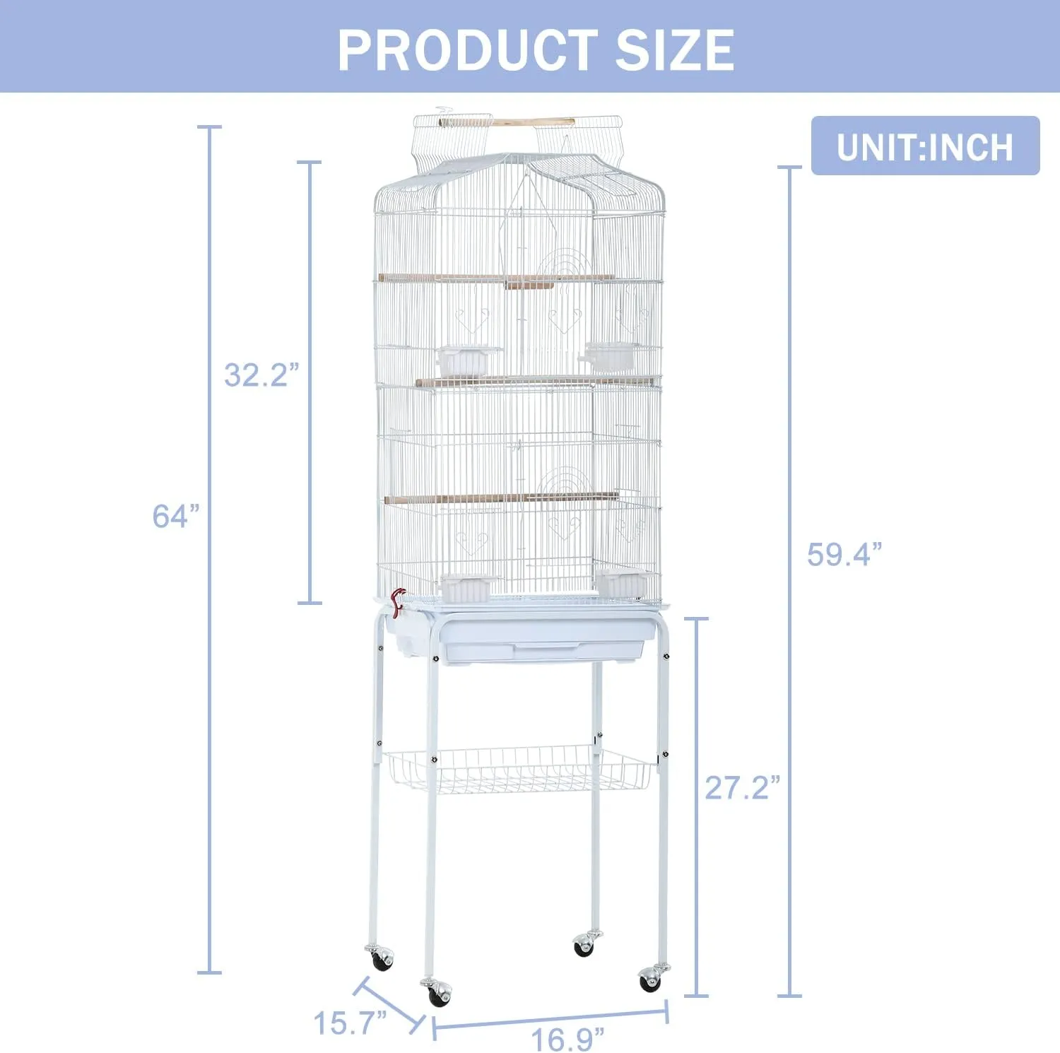 Bird Cage Parakeet Cage 64" H Open Top Standing Birdcage Wrought Iron Large Flight Parrot Cage Bird Cage Accessories Flight Pet House with Rolling Stand & Storage Shelf for Canary Lovebirds, White