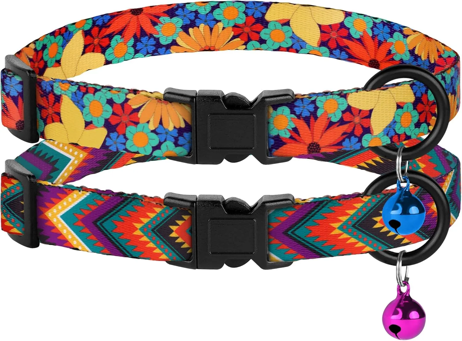 Cat Collars 2 Pack - Soft Cute Breakaway Collar with Bell, Adjustable Safety Kitten Collars for Girl & Boy Cats  Comfortable Stylish Patterned Print Lightweight (Floral   Arrows)