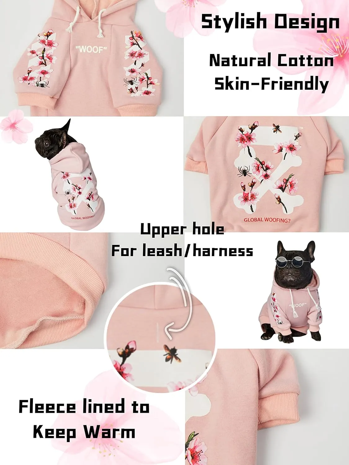 ChoChoCho Woof Dog Hoodie, Designer Dog Hoodies for Small Medium Large Breeds, Art Collection Dog Sweatshirts, Street Drawstring Hoodies Outfit Clothes for Puppy Puppies (S, Sakura/Pink)