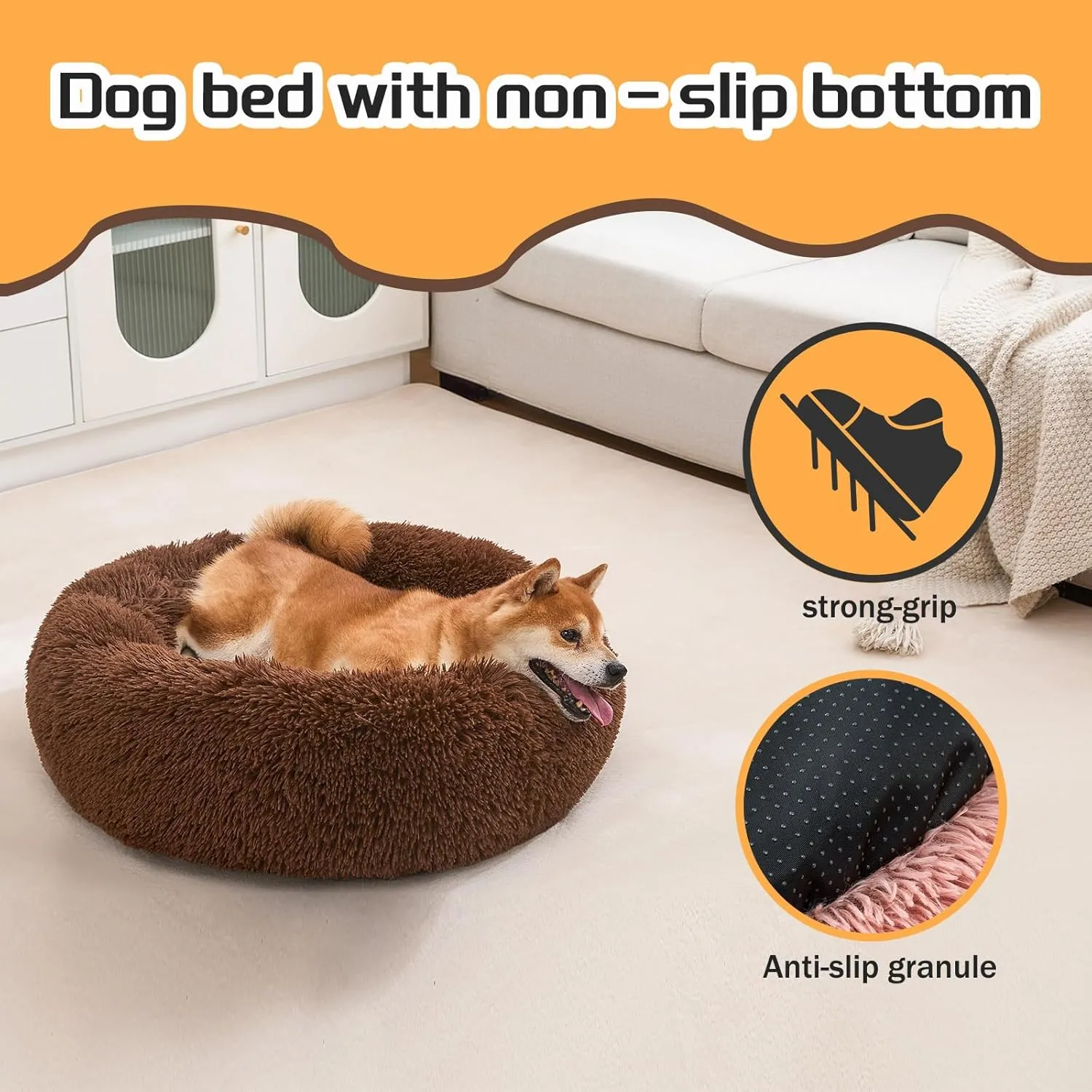 Comfort Donut Dog Bed - Ultra-Soft Pet Bed with Neck Support, 3 Sizes (Machine Washable) for Small/Medium/Large Dogs & Cats (Coffee, 32''Lx32''Wx8''Th)