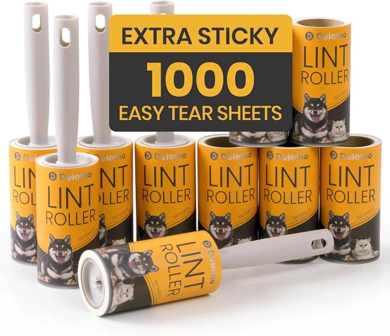DELOMO Pet Lint Roller for Clothes  Lint Rollers for Pet Hair Extra Sticky, Mega Value Set of 1,000 Sheets (5 Rollers   5 Refills), Dog Cat Hair Remover for Couch, Furniture, Keep Your Home Tidy
