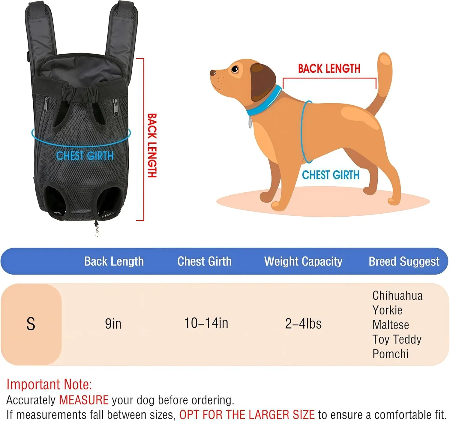 Dog Backpack Carrier, Adjustable Pet Front Carriers, Legs Out Carrying Sling Travel Bag for Small Medium Dogs 2-4 Lbs, Soft Wearable Puppy Chest Carry Backpacks for Walking/Hiking/Camping/Traveling