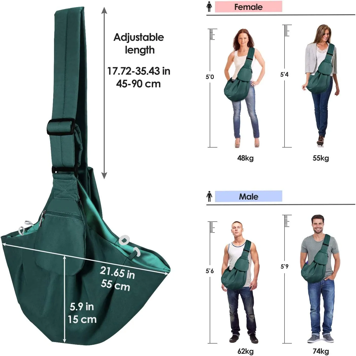 Dog Padded Papoose Sling, Small Pet Sling Carrier Hands Free Carry Adjustable Shoulder Strap Reversible Tote Bag with a Pocket Safety Belt Dog Cat Traveling Subway (5-12lbs, Green)