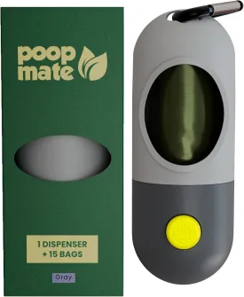 Dog Poop Bag Dispenser with LED Flashlight for Night Walks  Leash Clip & Metal Carabiner  Pet Waste Bag Holder Includes 1 Roll (15 Dog Poop Bags)  Durable, Portable  Gray