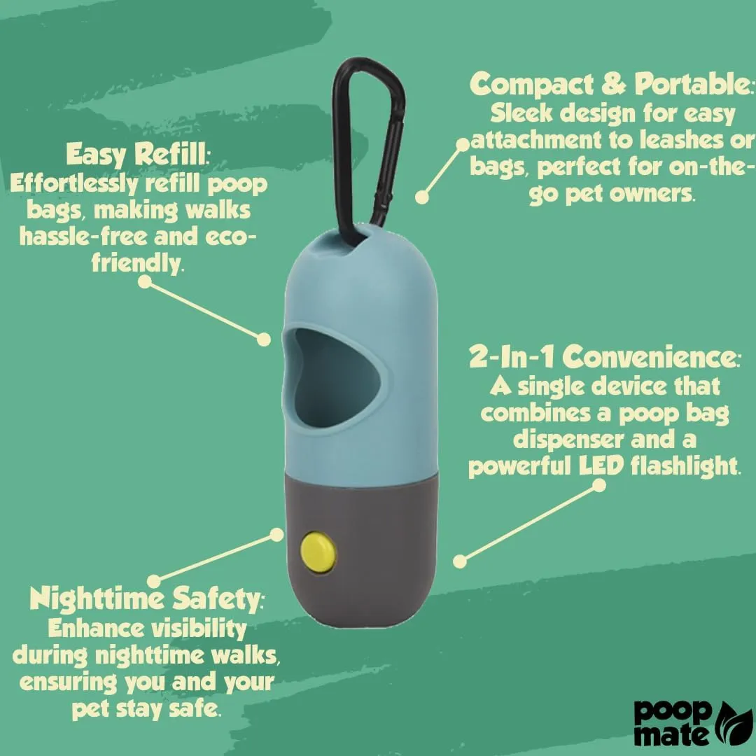 Dog Poop Bag Dispenser with LED Flashlight for Night Walks  Leash Clip & Metal Carabiner  Pet Waste Bag Holder Includes 1 Roll (15 Dog Poop Bags)  Durable, Portable  Gray