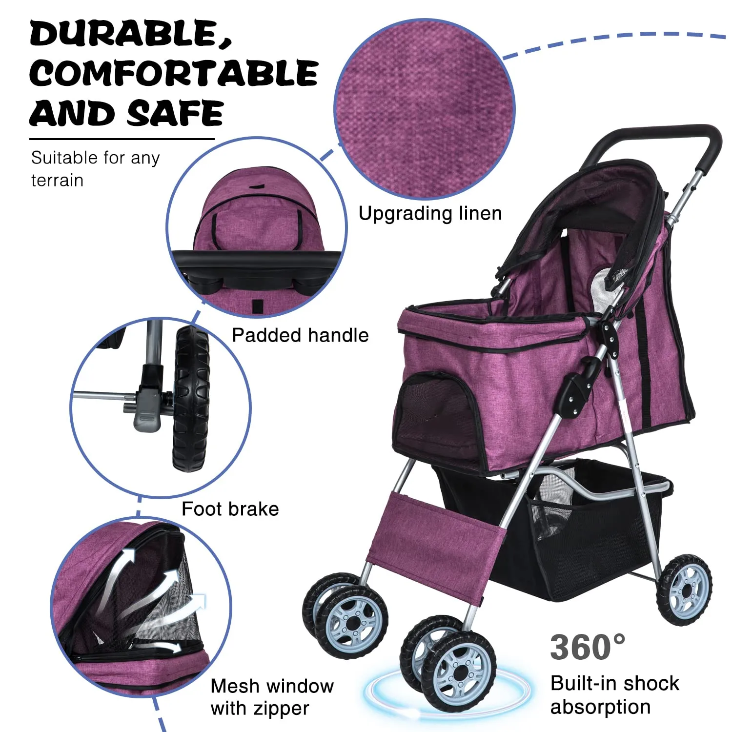 Dog Stroller for Small Dogs,Pet Stroller Strolling Cart 4 Wheels Folding Pet Gear Lightweight Waterproof with Storage Basket for Puppy Small Medium Dogs Cats for Travel,Purple