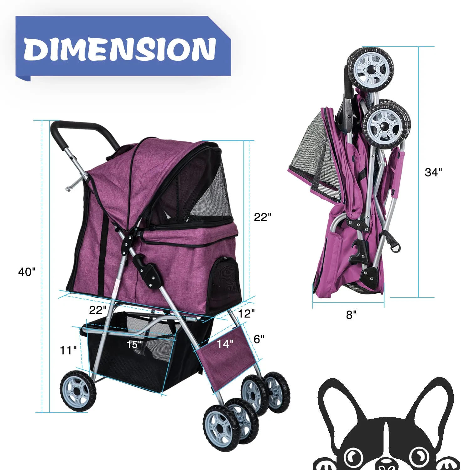 Dog Stroller for Small Dogs,Pet Stroller Strolling Cart 4 Wheels Folding Pet Gear Lightweight Waterproof with Storage Basket for Puppy Small Medium Dogs Cats for Travel,Purple