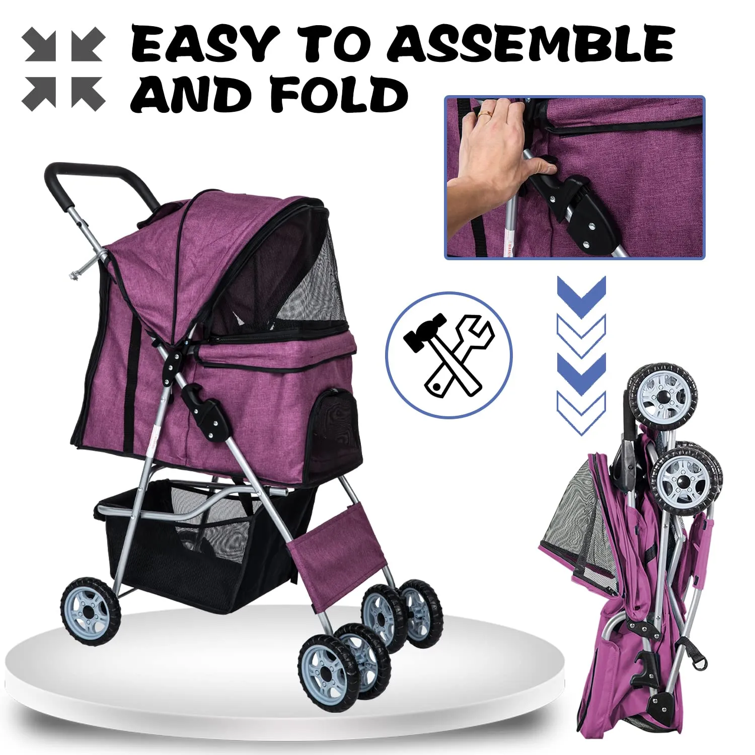 Dog Stroller for Small Dogs,Pet Stroller Strolling Cart 4 Wheels Folding Pet Gear Lightweight Waterproof with Storage Basket for Puppy Small Medium Dogs Cats for Travel,Purple