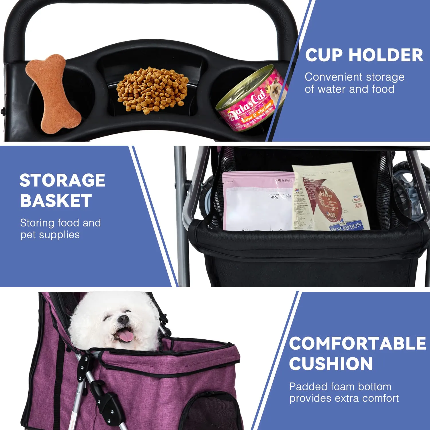 Dog Stroller for Small Dogs,Pet Stroller Strolling Cart 4 Wheels Folding Pet Gear Lightweight Waterproof with Storage Basket for Puppy Small Medium Dogs Cats for Travel,Purple