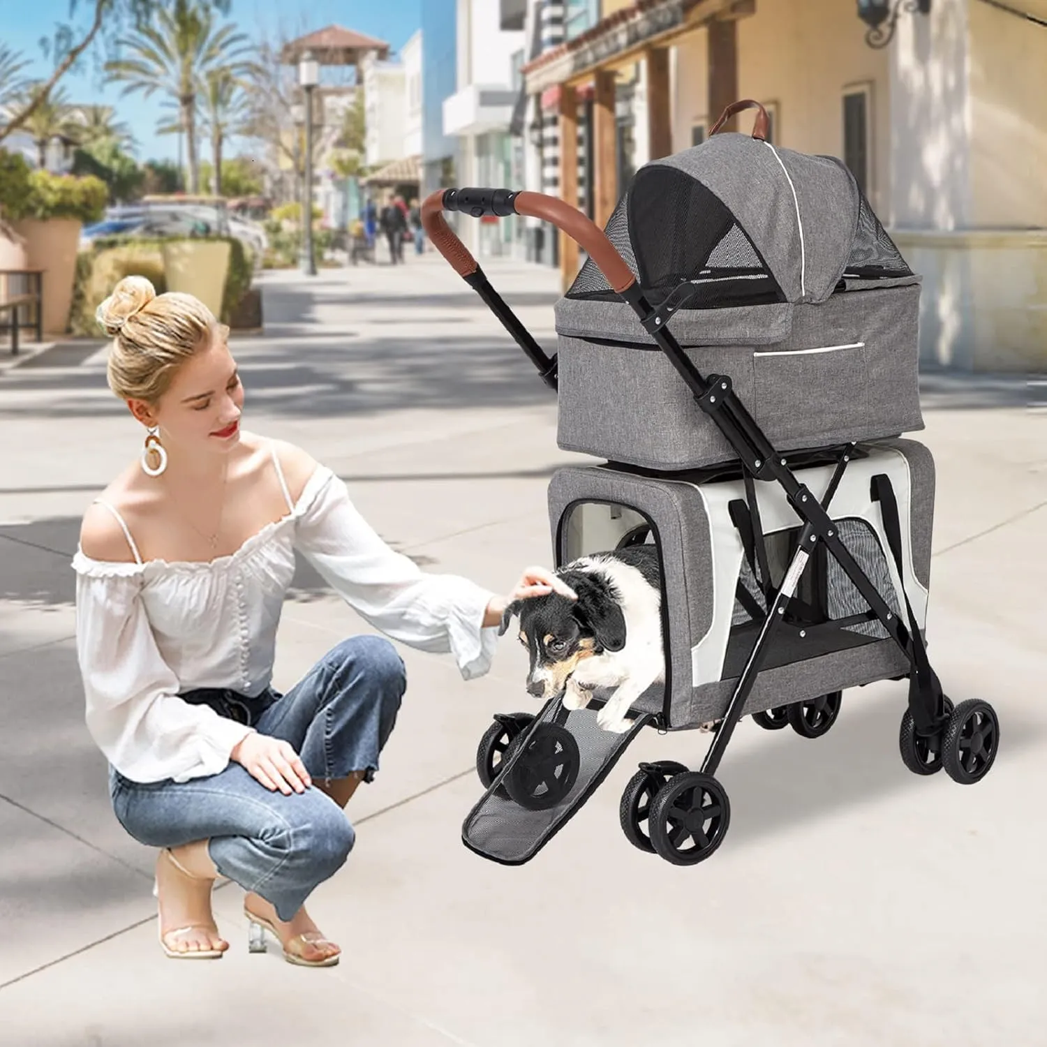 Dog Stroller for Small Pet, Double Cat Carrier - No Zip Pet Strollers for 2 Dogs, 4 in 1 Dog Jogging Stroller with Detachable Carrier, Safety Belt, Removable Liner, Storage Pocket, Grey