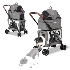 Dog Stroller for Small Pet, Double Cat Carrier - No Zip Pet Strollers for 2 Dogs, 4 in 1 Dog Jogging Stroller with Detachable Carrier, Safety Belt, Removable Liner, Storage Pocket, Grey