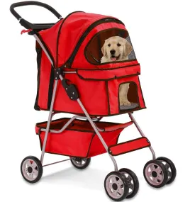 Dog Stroller Pet Stroller Cat Strollers Jogger Foldable Travel Carrier 35Lbs Capacity Doggie Cage Durable 4 Wheels Strolling Cart with Cup Holders and Removable Liner for Small-Medium Dog, Cat - Red