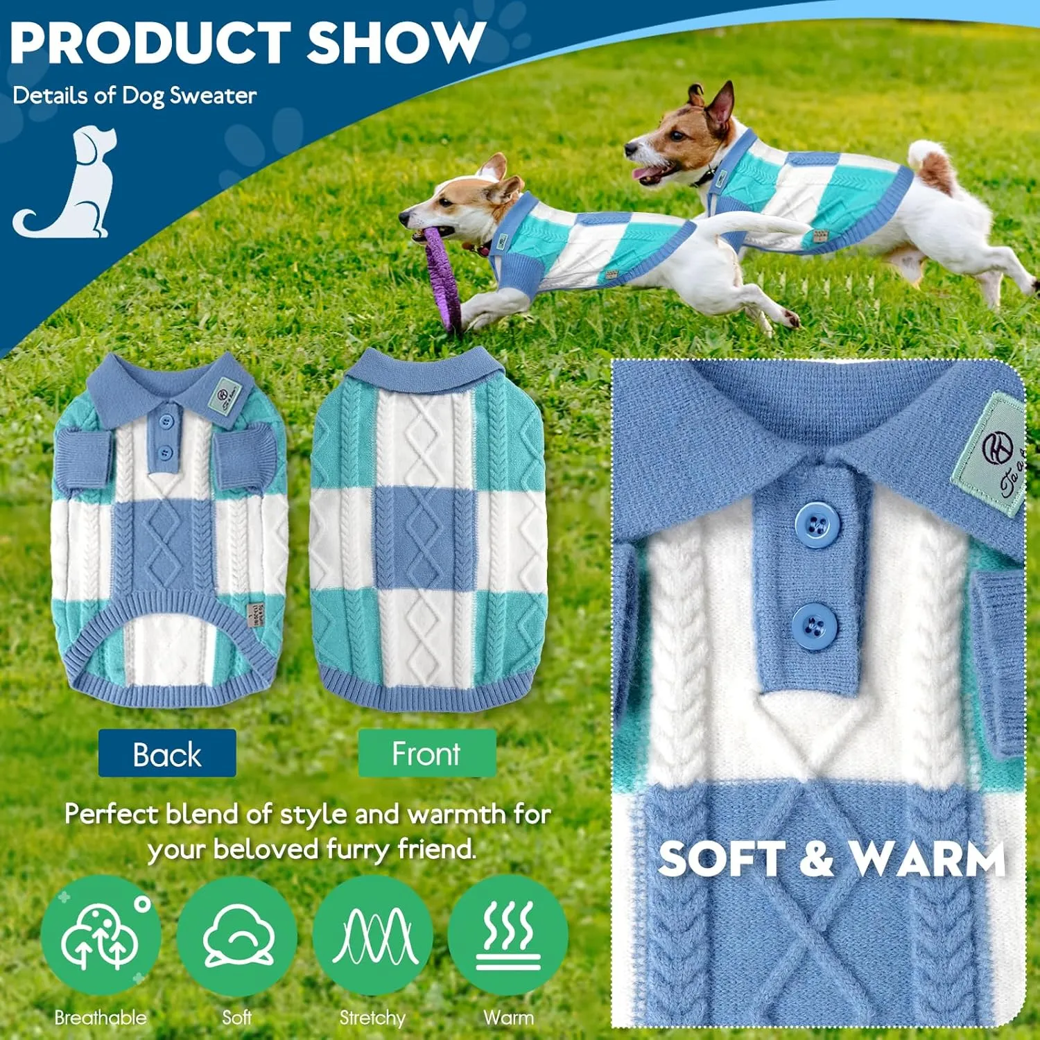 Dog Sweater, Half Chest Lapel Design Pullover Sweaters for Dogs,Lapel Sweaters, Pet Knitted Clothes,Pet Clothing Suitable for All Type of Dogs(Blue Group S)