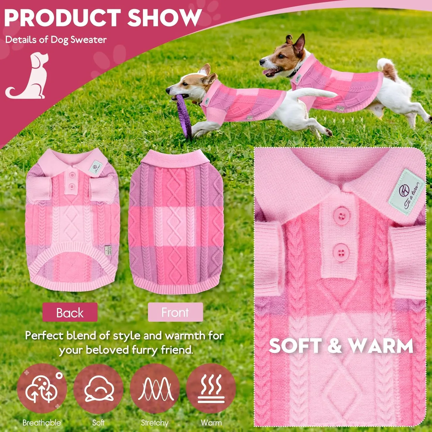 Dog Sweater, Half Chest Lapel Design Pullover Sweaters for Dogs,Lapel Sweaters, Pet Knitted Clothes,Pet Clothing Suitable for All Type of Dogs(Pink Group,S)
