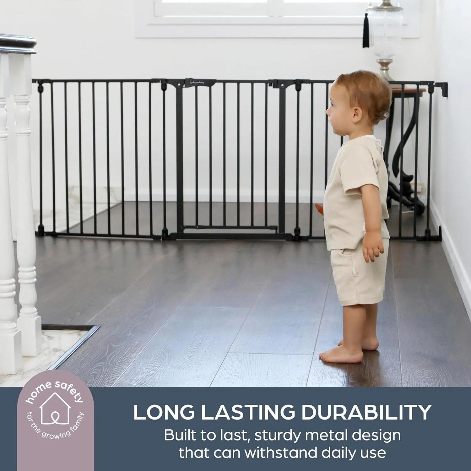 Dreambaby Discovery Metal Baby Gate - 76.5" Extra Wide 3 Panel Walk Through Door for Angled Openings, Configurable for Stairs and Hallways, 29in High