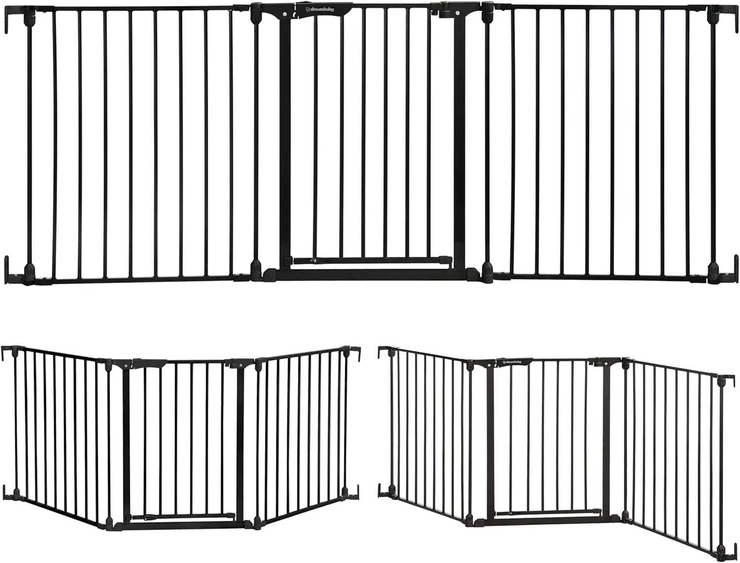 Dreambaby Discovery Metal Baby Gate - 76.5" Extra Wide 3 Panel Walk Through Door for Angled Openings, Configurable for Stairs and Hallways, 29in High
