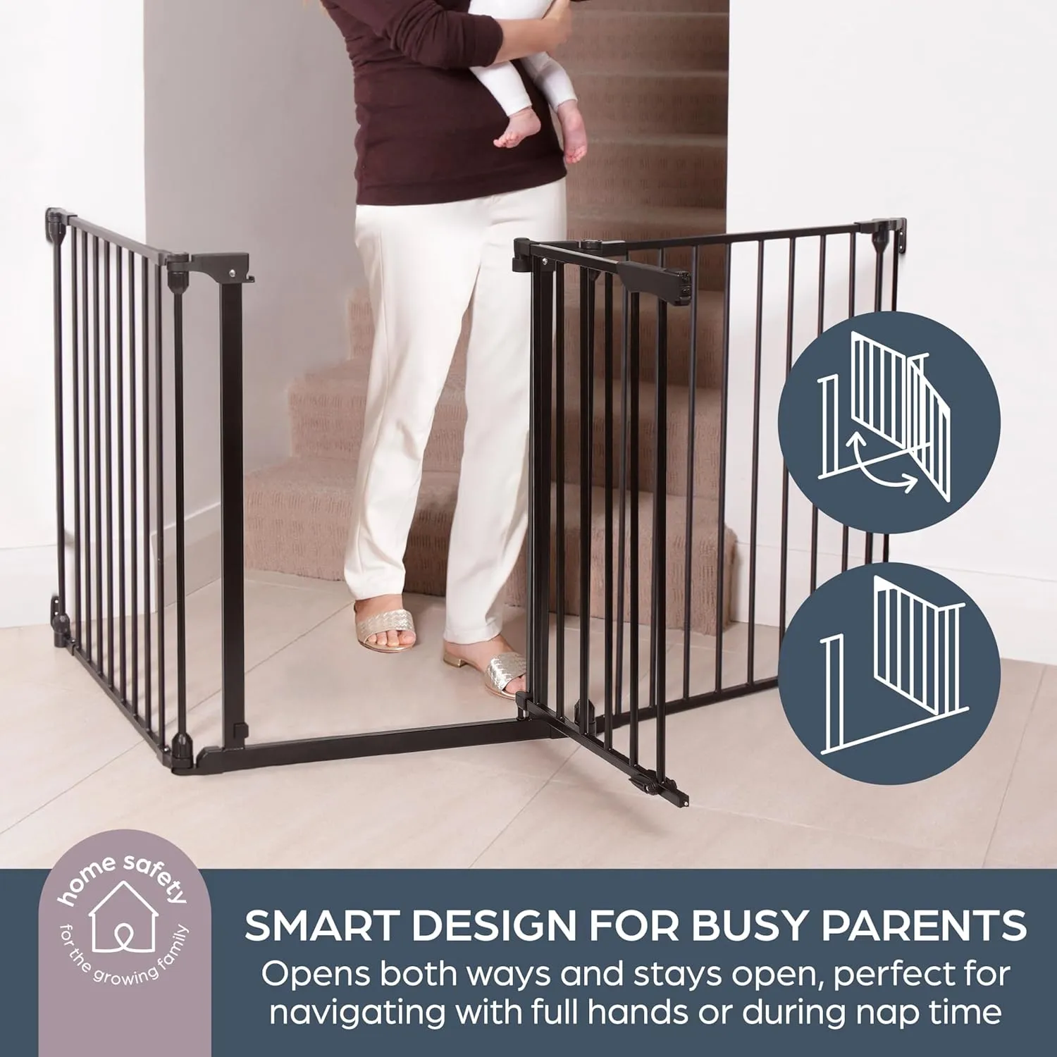 Dreambaby Discovery Metal Baby Gate - 76.5" Extra Wide 3 Panel Walk Through Door for Angled Openings, Configurable for Stairs and Hallways, 29in High