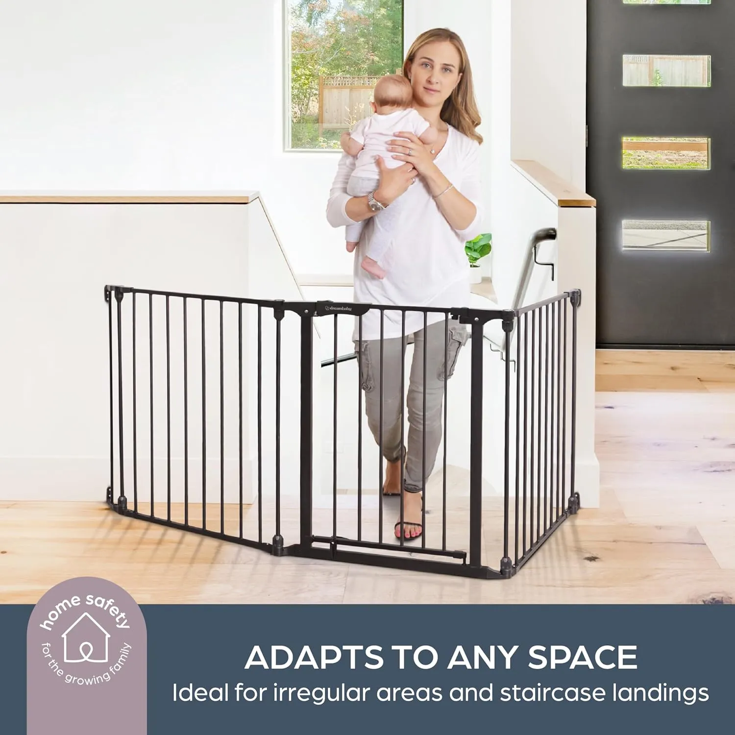 Dreambaby Discovery Metal Baby Gate - 76.5" Extra Wide 3 Panel Walk Through Door for Angled Openings, Configurable for Stairs and Hallways, 29in High