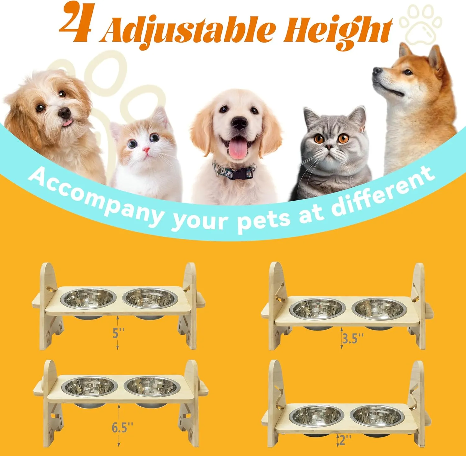 Elevated Adjustable Raised Dog Bowls with Stand for Small Size Dogs and Cats, Sturdy Bamboo Dog Feeder with 2 Stainless Steel Bowls (Stainless Steel, for Cats & Dogs)