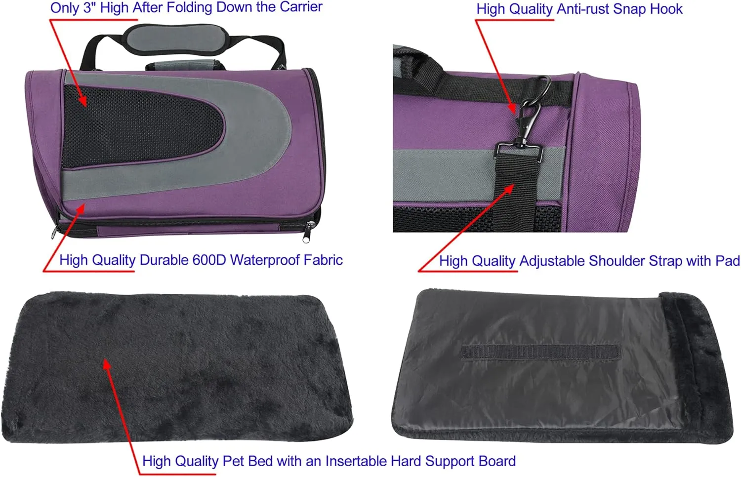 EliteField Deluxe Soft Pet Carrier (3 Year Warranty, Airline Approved), Multiple Sizes and Colors Available (20" L x 11" W x 11" H, Purple Gray)