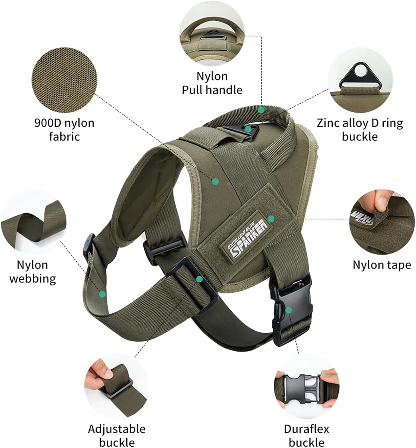 EXCELLENT ELITE SPANKER Tactical Dog Vest Training Military Patrol Service Dog Harness Easy Control Adjustable No-Pull Nylon Pet Harness with Handle for Small Medium Large Dogs(RGN-L)