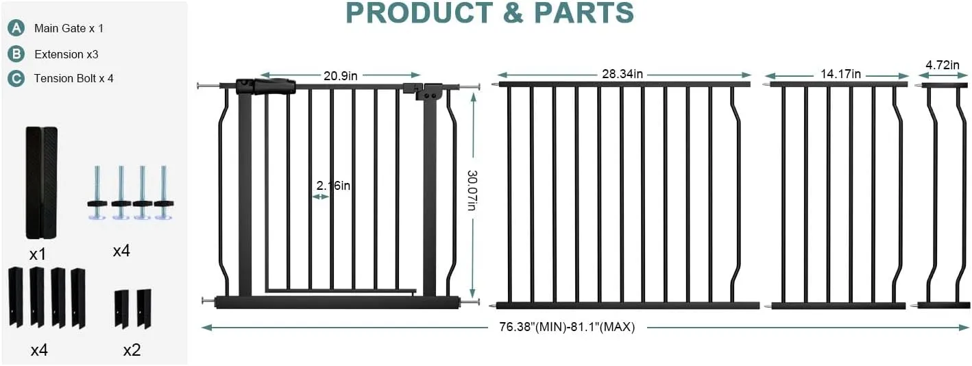 Extra Wide Baby Gate Tension Indoor Safety Gates Black Metal Large Pressure Mounted Pet Gate Walk Through Long Safety Dog Gate for The House Doorways Stairs (76.38"-81.10"/194-206CM, Black)