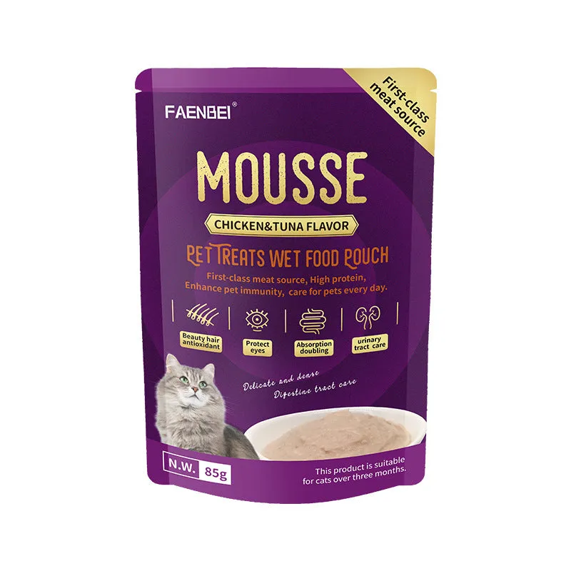 FAENBEI Mousse Beef, Chicken and Tuna Flavor Cat Treats Wet Food Pouch 3 Oz pouch (Pack of 5)