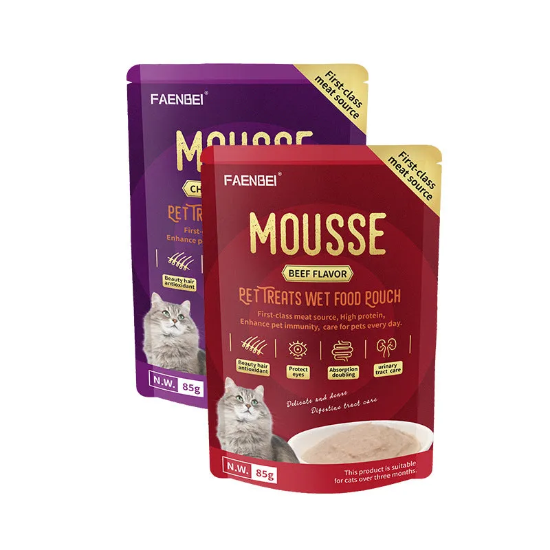 FAENBEI Mousse Beef, Chicken and Tuna Flavor Cat Treats Wet Food Pouch 3 Oz pouch (Pack of 5)