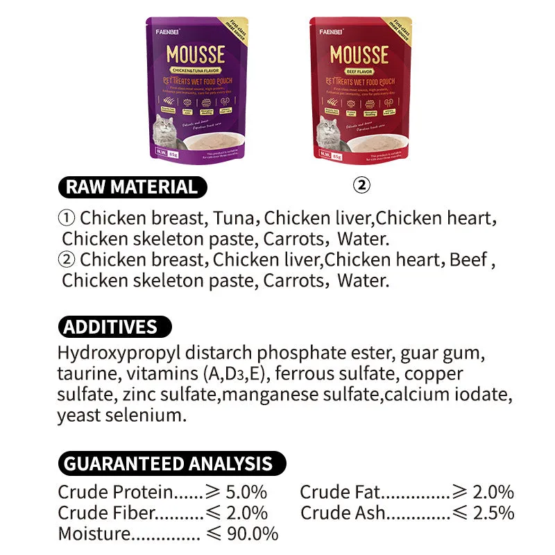 FAENBEI Mousse Beef, Chicken and Tuna Flavor Cat Treats Wet Food Pouch 3 Oz pouch (Pack of 5)