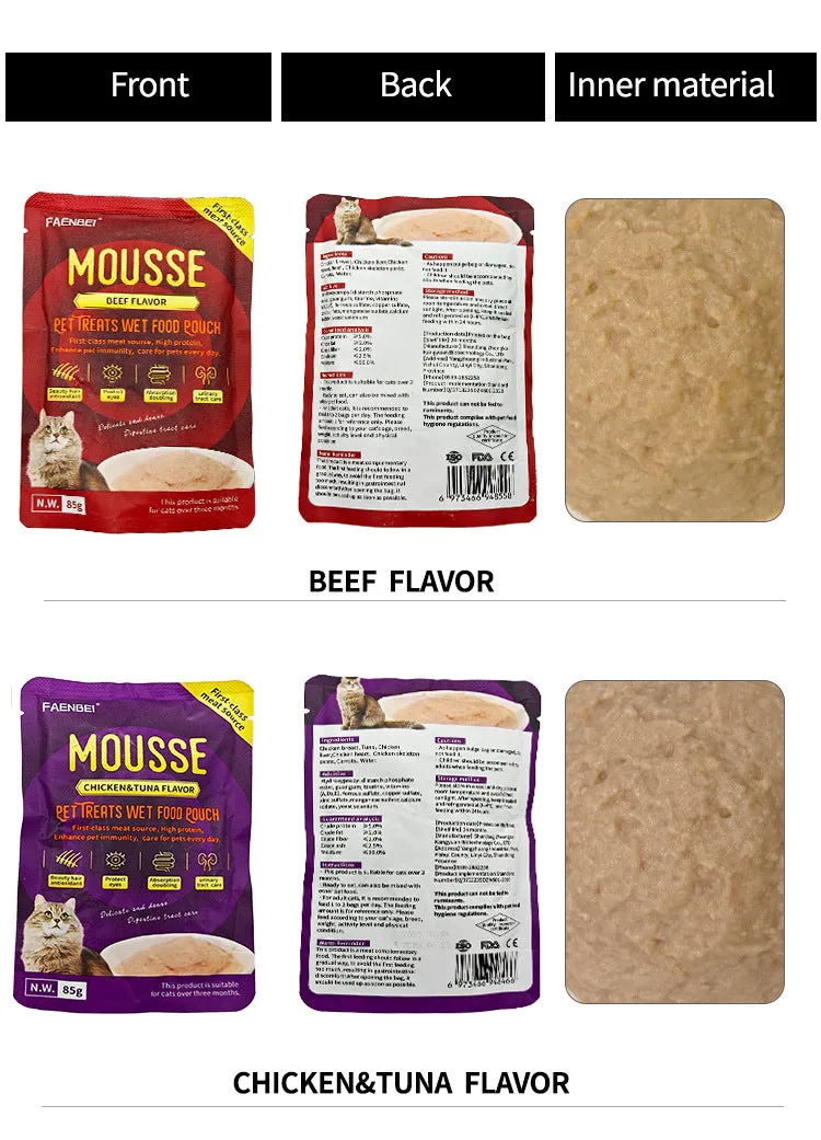 FAENBEI Mousse Beef, Chicken and Tuna Flavor Cat Treats Wet Food Pouch 3 Oz pouch (Pack of 5)