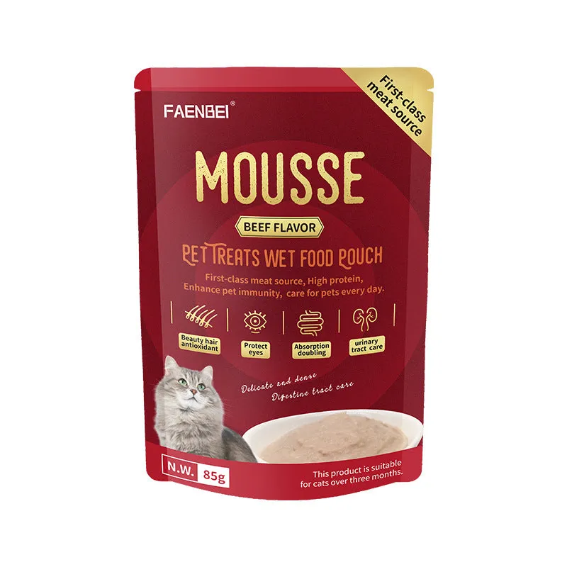 FAENBEI Mousse Beef, Chicken and Tuna Flavor Cat Treats Wet Food Pouch 3 Oz pouch (Pack of 5)