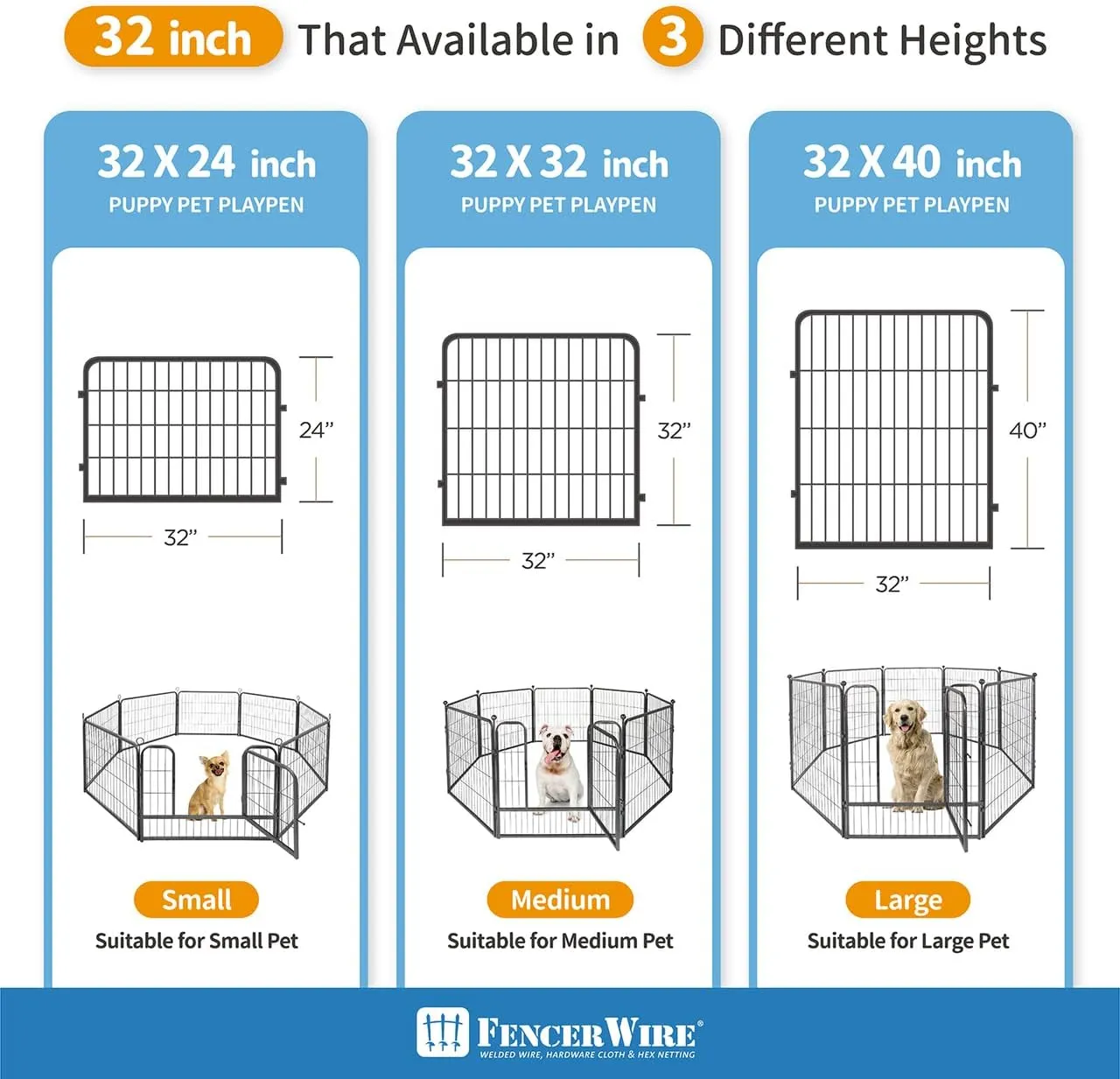 Fencer Wire Foldable Outdoor/Indoor Pet Playpen with Gate, Available in 24"/32"/40" Height Metal Portable Kennel, Heavy-Duty Exercise Fence Cage 8/16/24/32 Panels for Large/Medium/Small Dog, Animals