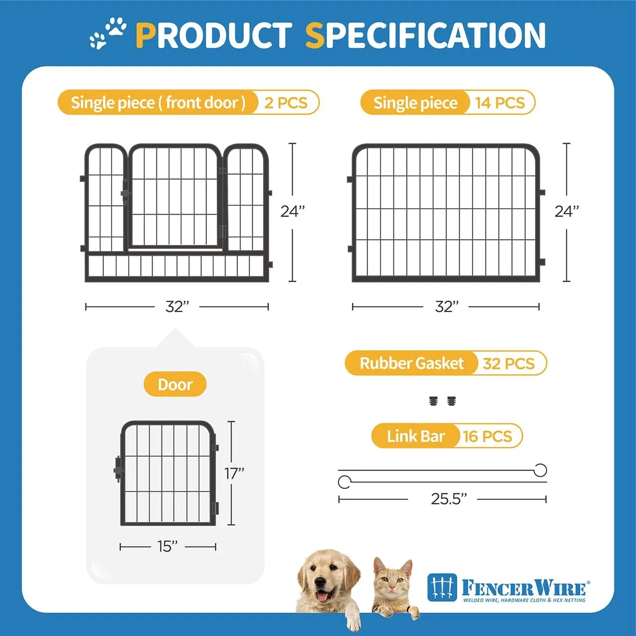 Fencer Wire Foldable Outdoor/Indoor Pet Playpen with Gate, Available in 24"/32"/40" Height Metal Portable Kennel, Heavy-Duty Exercise Fence Cage 8/16/24/32 Panels for Large/Medium/Small Dog, Animals