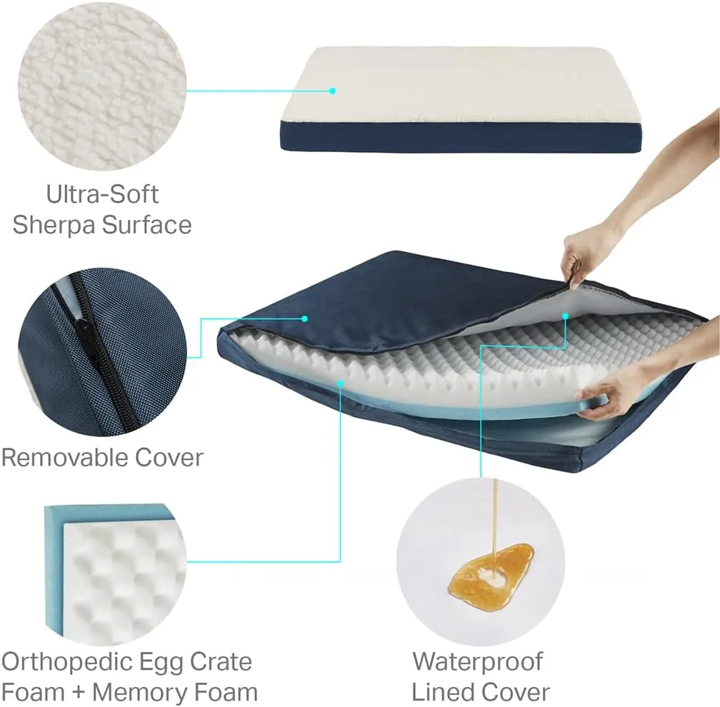 Friends Forever Orthopedic Dog Bed, Cooling Dog Beds with Removable Washable Cover, Reversible Pet Bed Mat with Memory Foam, Washable Removable Cover, Kato Navy, 44x32x3.5