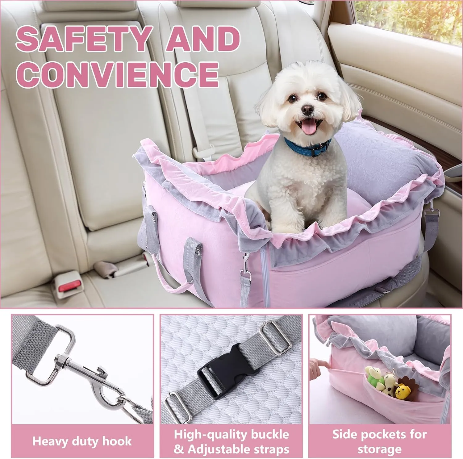 Homcosan Dog Car Seat for Small Medium Dogs, Dog Booster Seat for Car with Clip-On Safety Leash, Elevated Pet Car Seat with Soft Cushion, Washable Travel Safety Car Seat for Dog up to 30 lbs (Pink)
