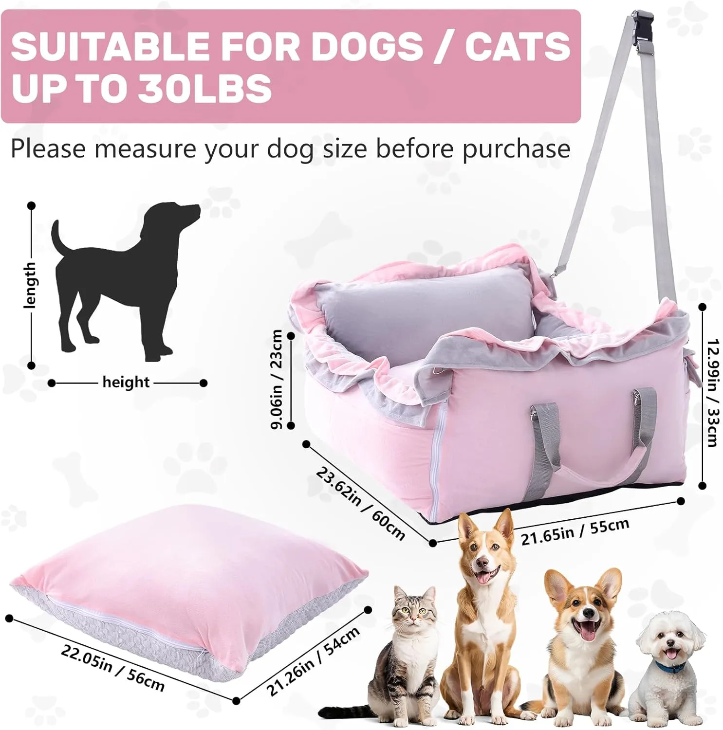 Homcosan Dog Car Seat for Small Medium Dogs, Dog Booster Seat for Car with Clip-On Safety Leash, Elevated Pet Car Seat with Soft Cushion, Washable Travel Safety Car Seat for Dog up to 30 lbs (Pink)