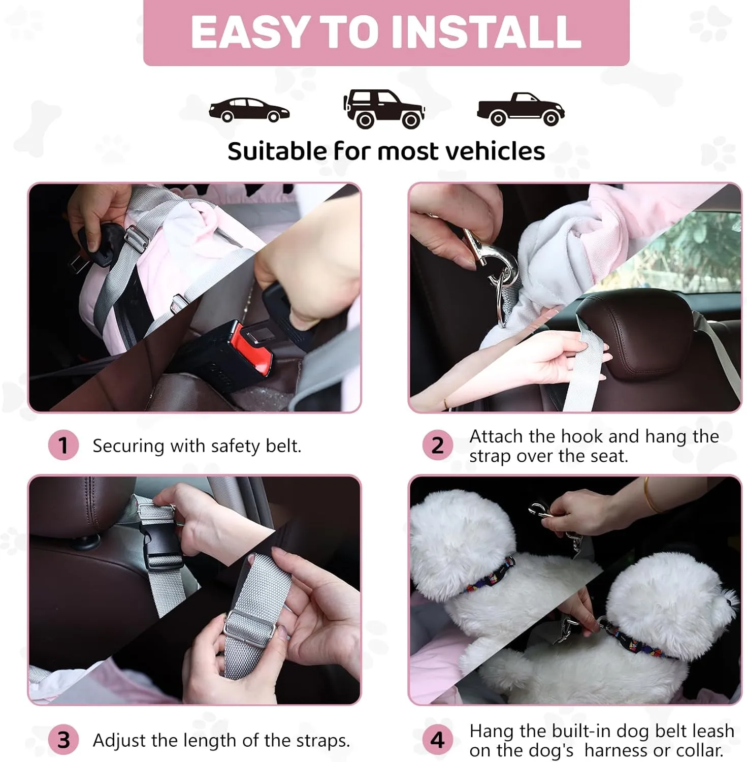 Homcosan Dog Car Seat for Small Medium Dogs, Dog Booster Seat for Car with Clip-On Safety Leash, Elevated Pet Car Seat with Soft Cushion, Washable Travel Safety Car Seat for Dog up to 30 lbs (Pink)