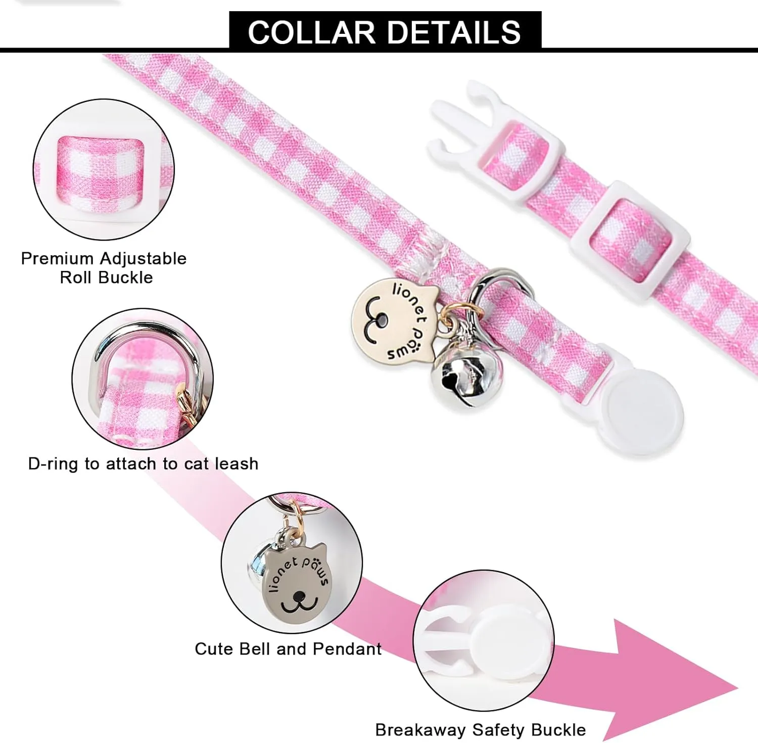Lionet Paws 2pcs Pack Cotton Cat Collar,Breakaway Buckle with Green Pink Grid and Brand Pendant Cute Adjustable Cat Kitten Collar,Ideal for Girl Cats Boy Cats