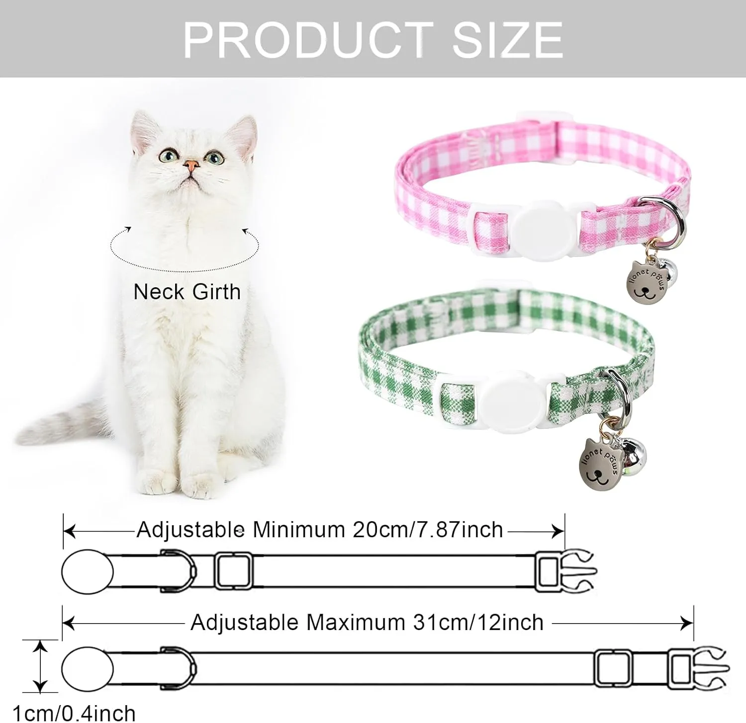 Lionet Paws 2pcs Pack Cotton Cat Collar,Breakaway Buckle with Green Pink Grid and Brand Pendant Cute Adjustable Cat Kitten Collar,Ideal for Girl Cats Boy Cats