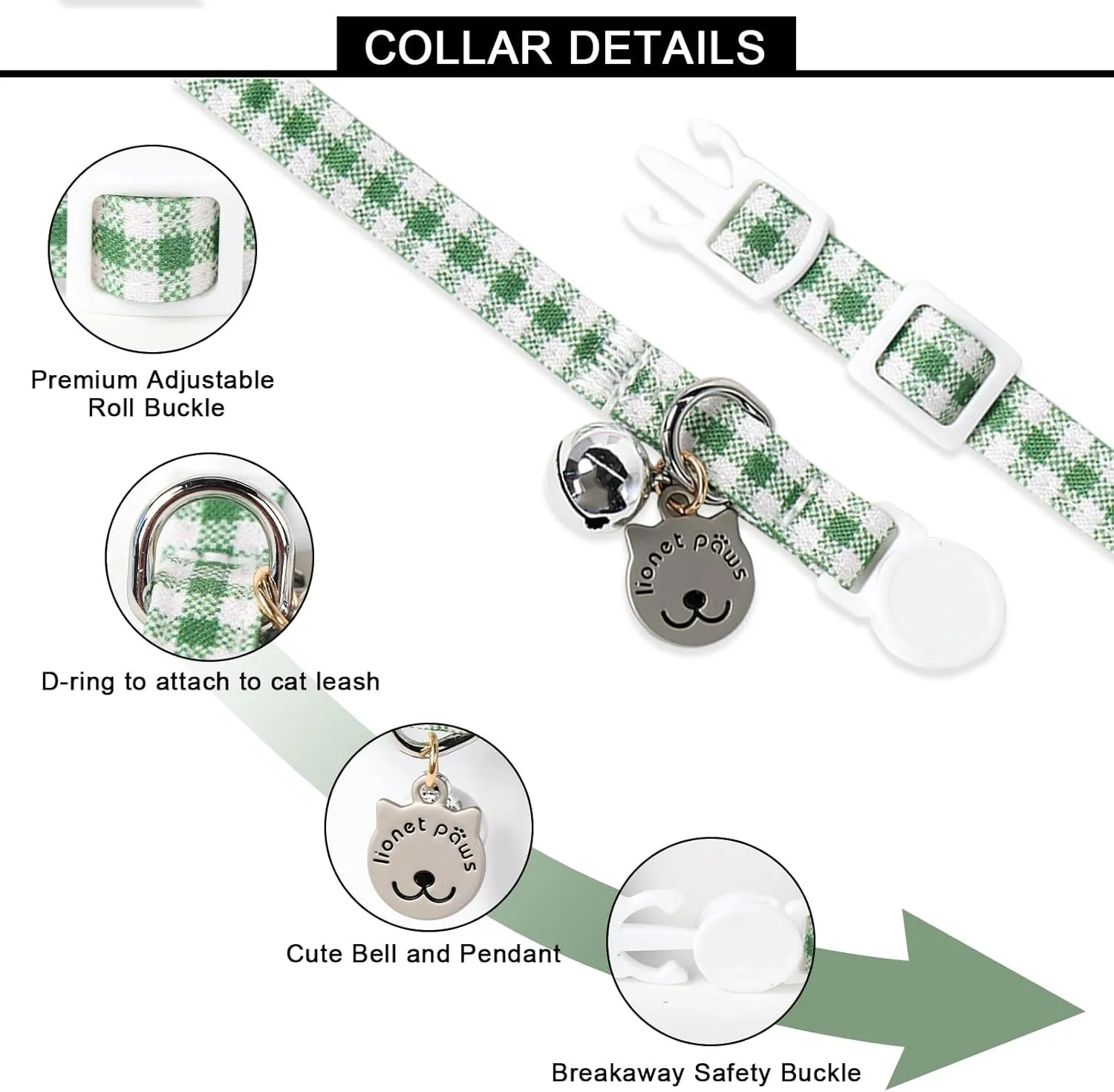 Lionet Paws 2pcs Pack Cotton Cat Collar,Breakaway Buckle with Green Pink Grid and Brand Pendant Cute Adjustable Cat Kitten Collar,Ideal for Girl Cats Boy Cats
