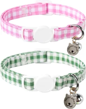 Lionet Paws 2pcs Pack Cotton Cat Collar,Breakaway Buckle with Green Pink Grid and Brand Pendant Cute Adjustable Cat Kitten Collar,Ideal for Girl Cats Boy Cats