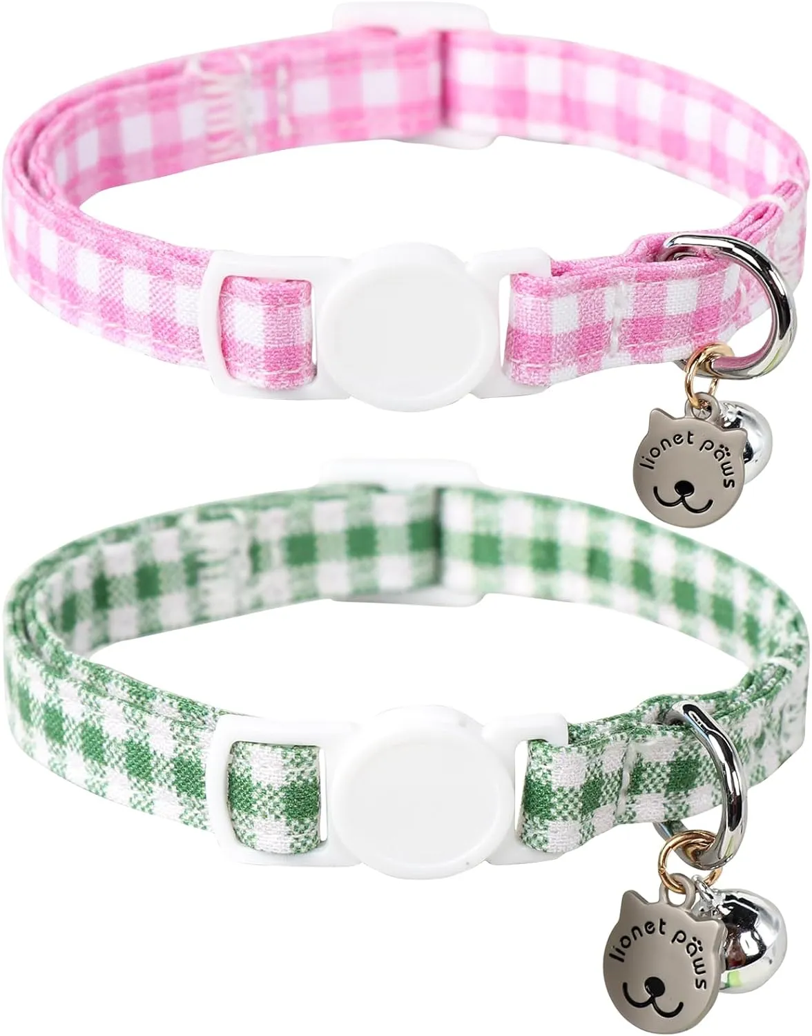 Lionet Paws 2pcs Pack Cotton Cat Collar,Breakaway Buckle with Green Pink Grid and Brand Pendant Cute Adjustable Cat Kitten Collar,Ideal for Girl Cats Boy Cats